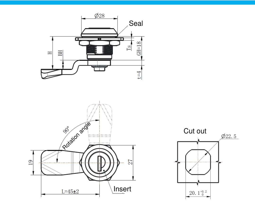 MY705-3E Outdoor Cabinet Lock dimension drawing