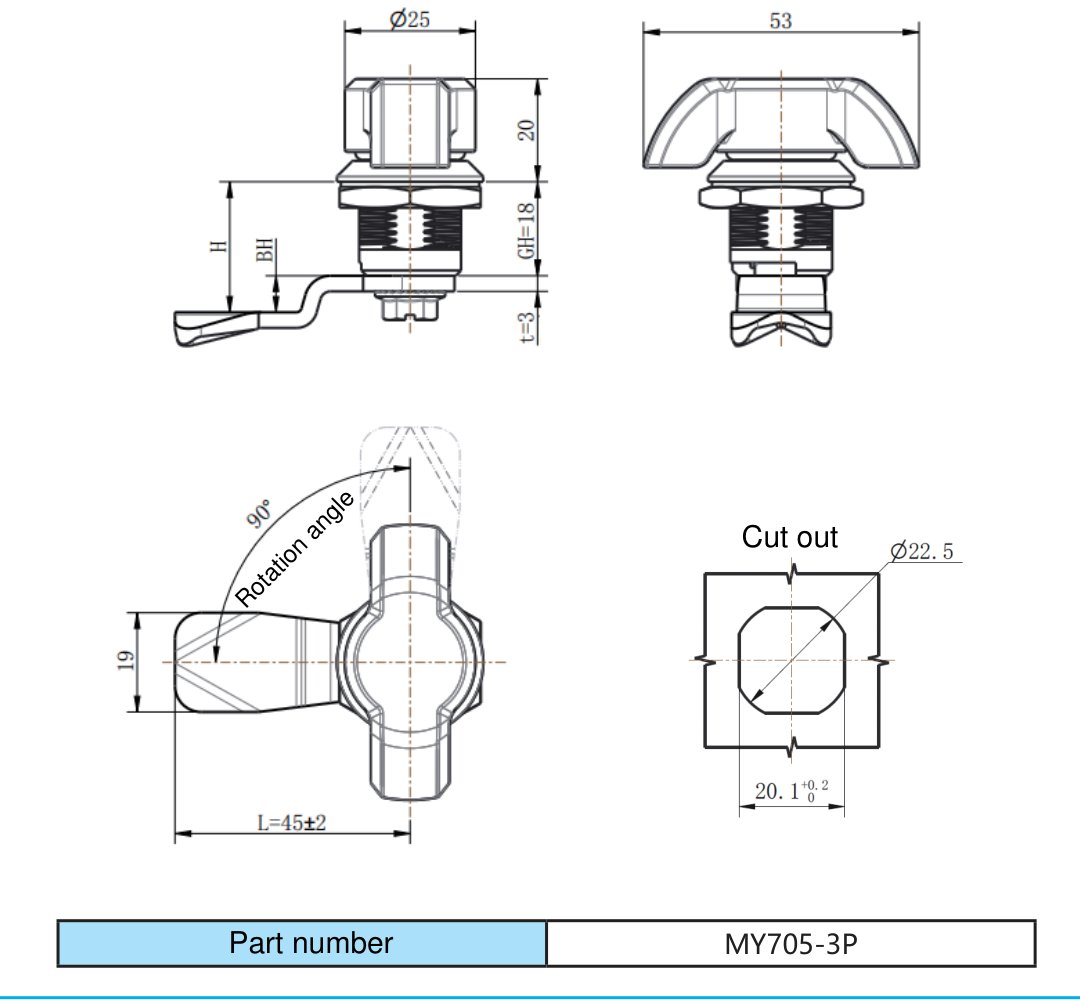 MY705-3P Cam Lock dimension drawing