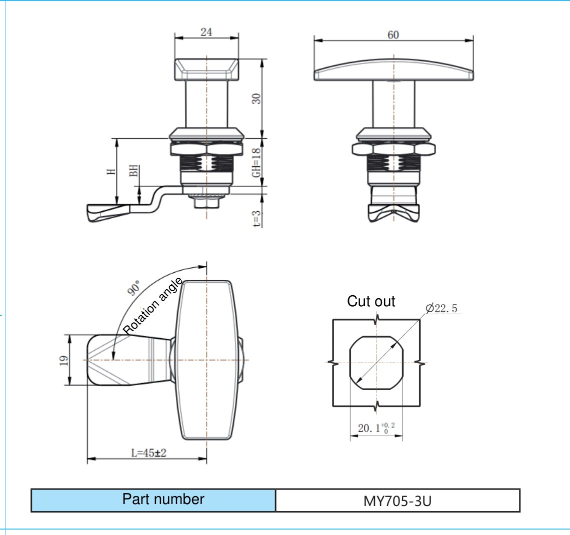 MY705-3U Black Cam Lock dimension drawing
