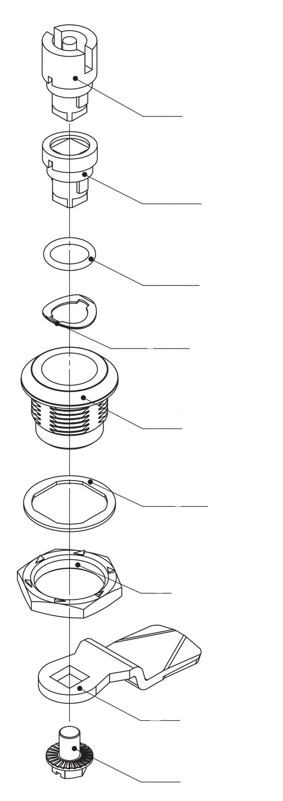 MY705 cam lock exploded view showing insert, shaft, O-ring, wave washer, housing, seal, nut, cam and screw