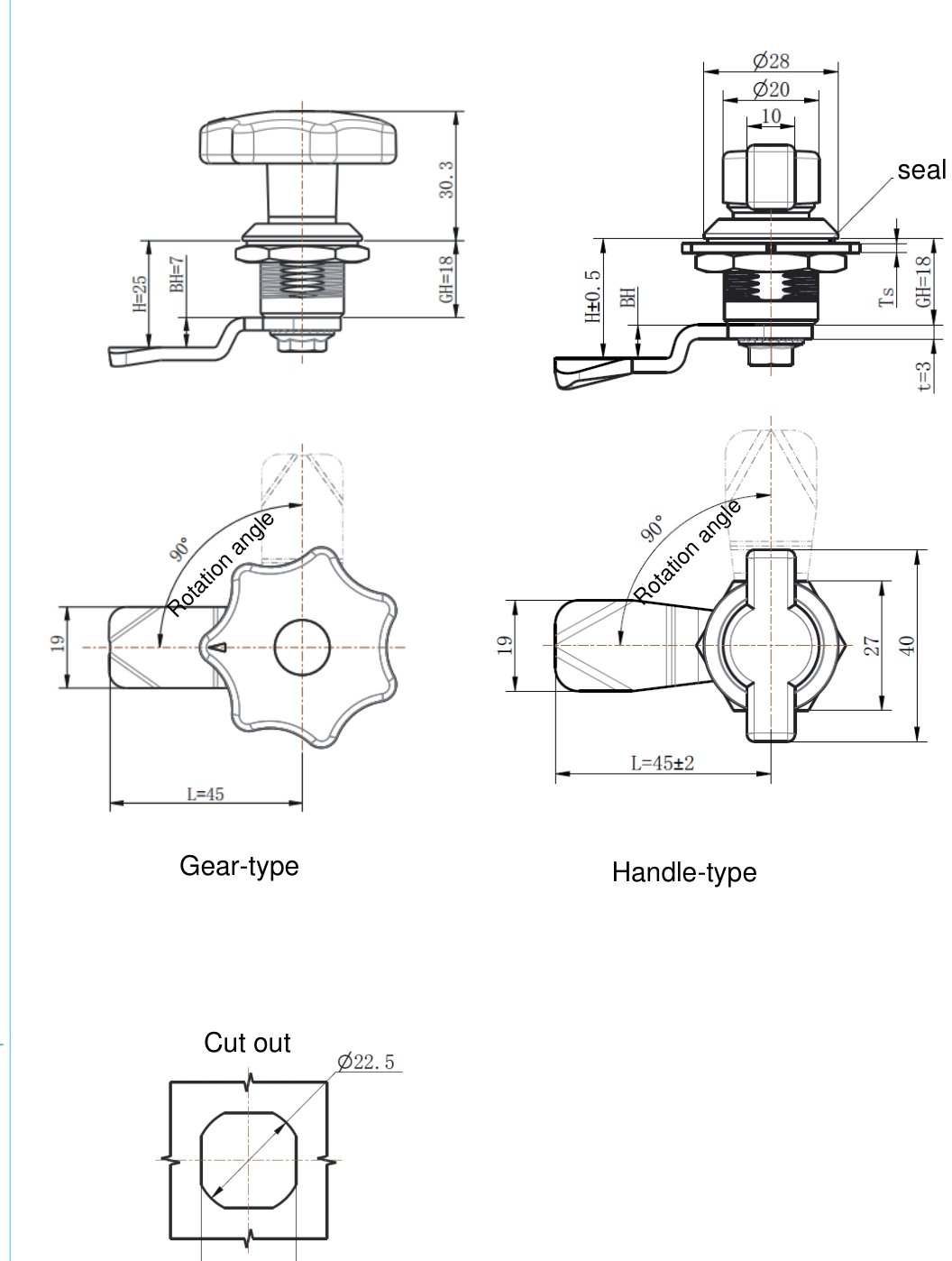MY714-1 Gear Type Cam Lock dimension drawing