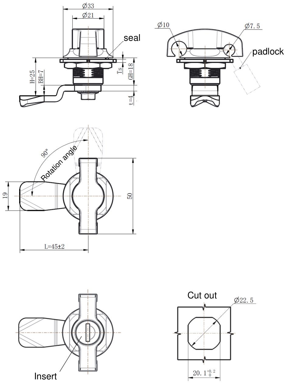 MY714-3 Keyed Handle Cam Lock dimension drawing