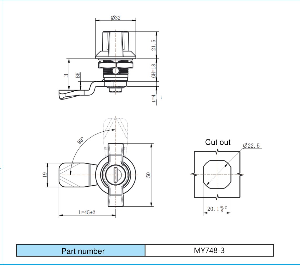 MY748-3 CH751 Cam Lock dimension drawing