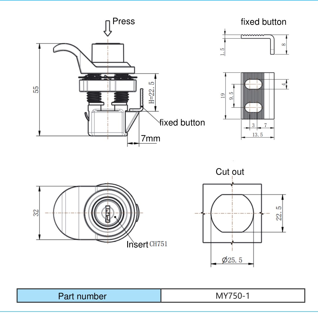 MY750-1 K333 Cam Lock dimension drawing
