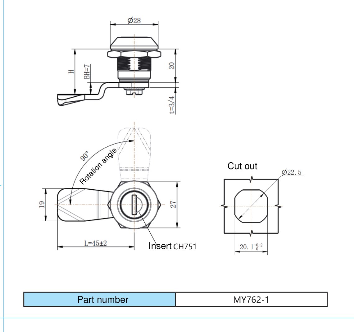 MY762-1 Electrical Cabinet Lock dimension drawing