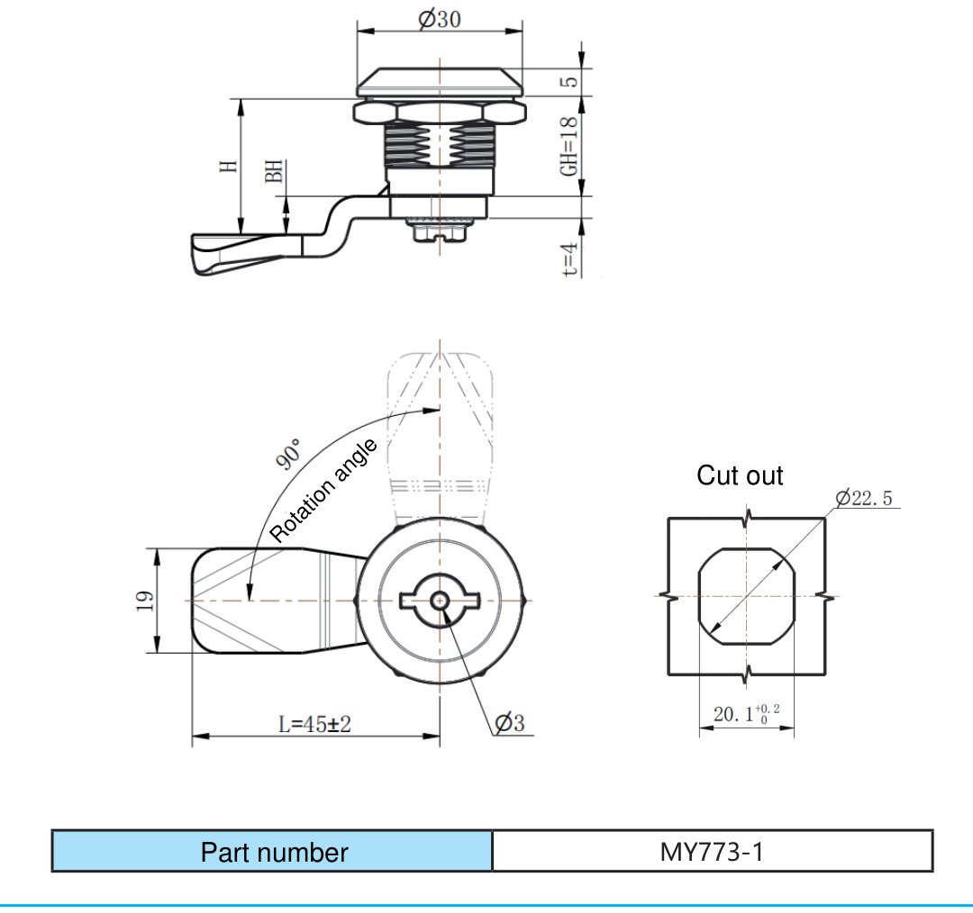 MY773-1 White Zinc Cam Lock dimension drawing