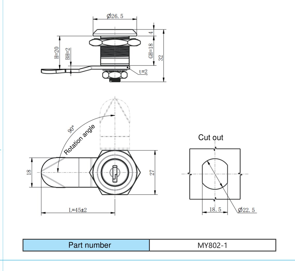 MY802-1 180 Degree Cam Lock dimension drawing