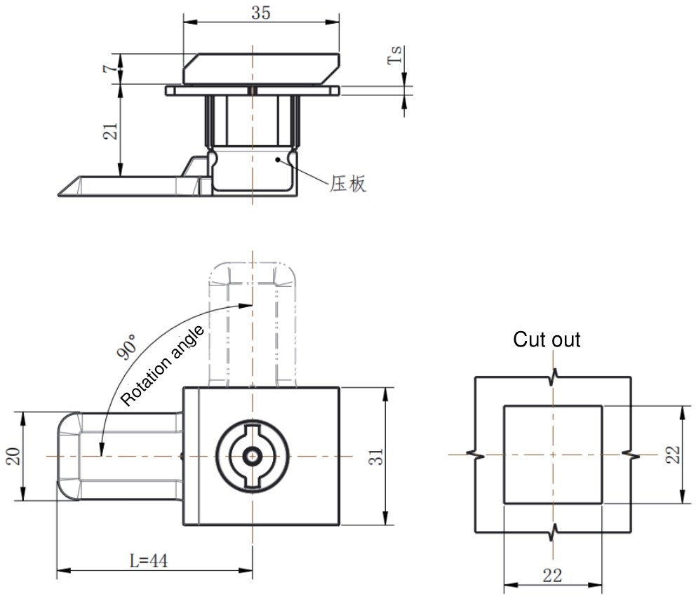 MY813 Yellow Gray Cam Lock dimension drawing