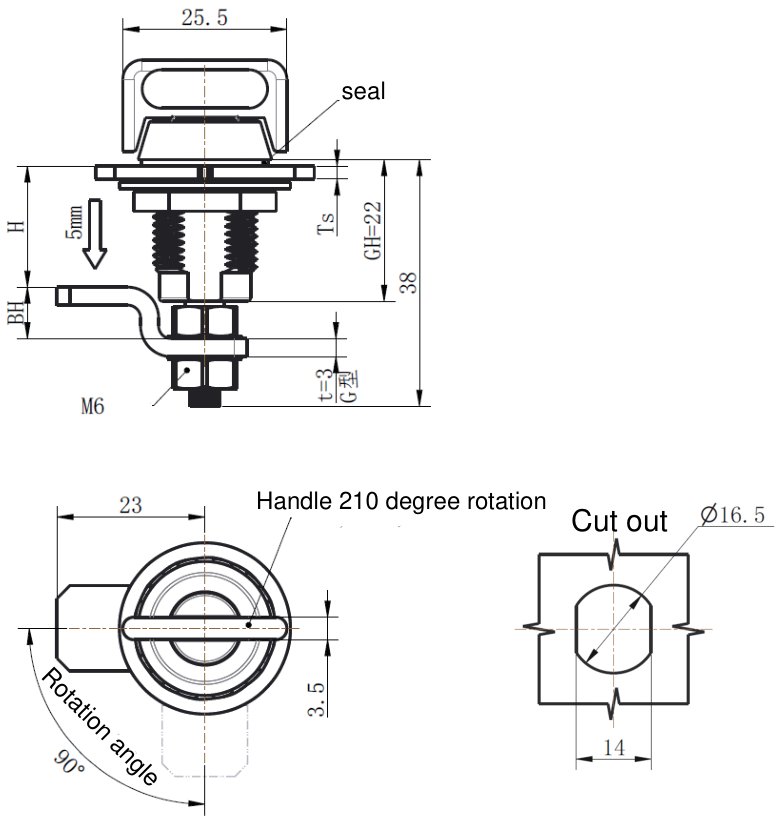MY816S-3S 210 Degree Cam Lock dimension drawing