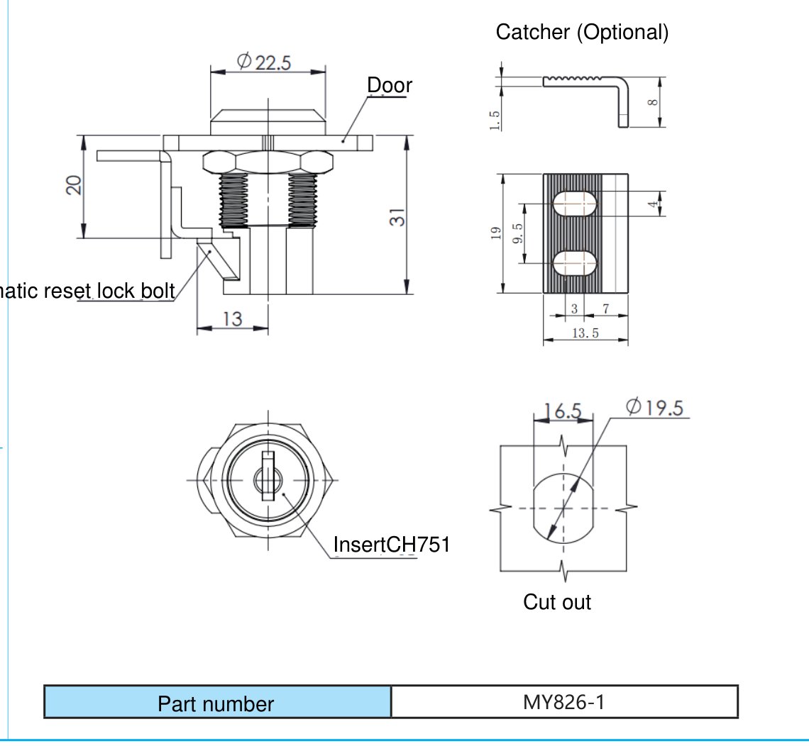 MY826-1 Automatic Reset Cam Lock dimension drawing