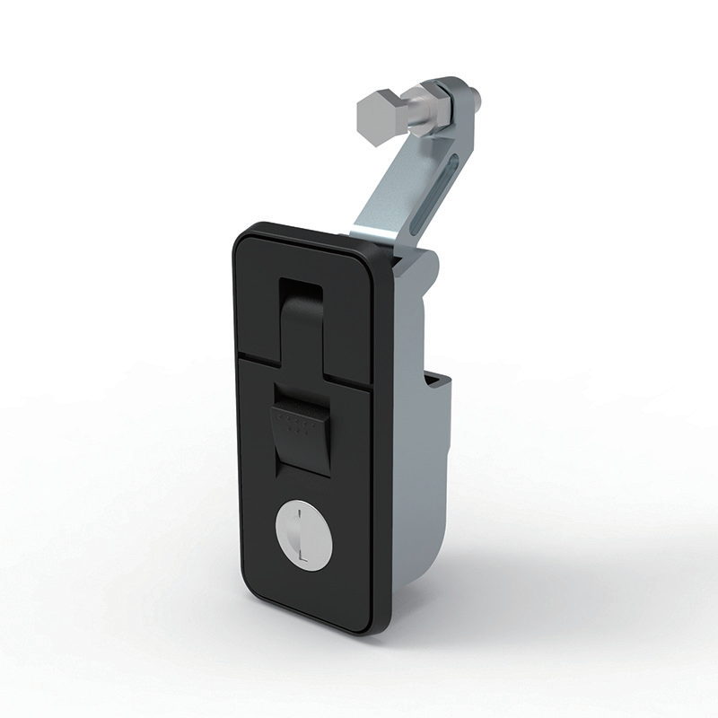 Push‑to‑close key panel lock with swing arm for industrial enclosure