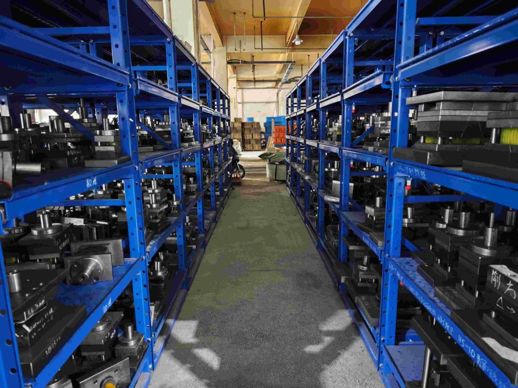 Reaking in-house stamping mold warehouse with hundreds of precision stamping dies for industrial lock and hardware production at Shengzhou factory